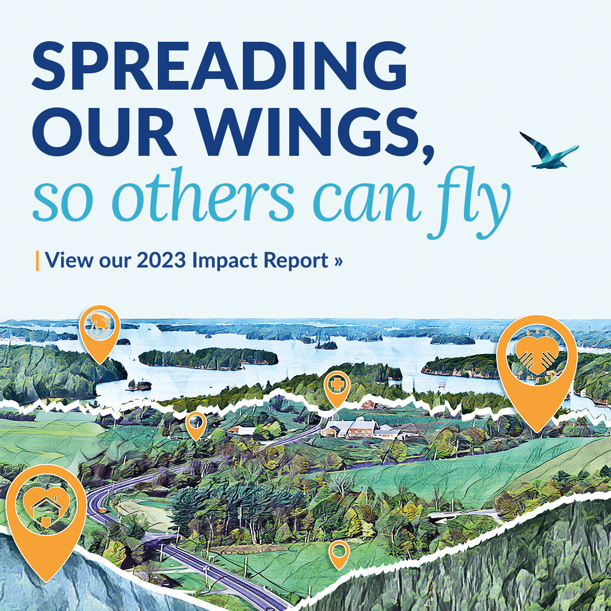 2023 Impact report cover with mountains and flying bird