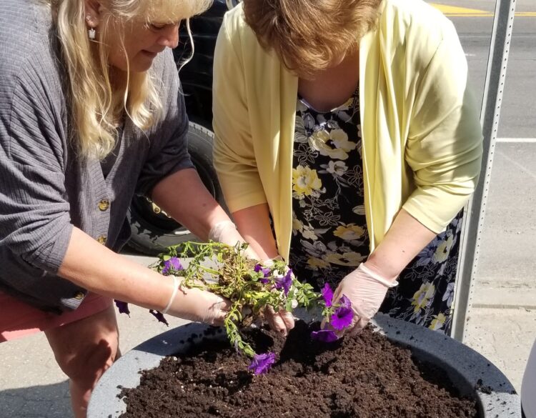 A program participant works with a direct support professional to plant flowers as part of a Day Habilitation outing.