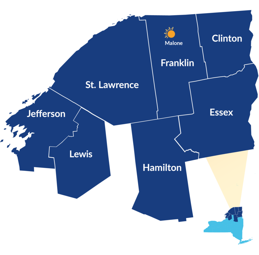 A geographic map of Malone to show where the Malone Behavioral Health Urgent Care Center is located.