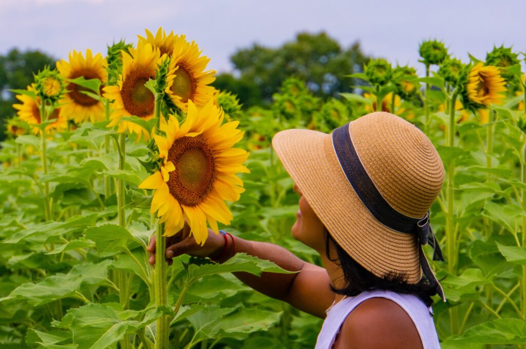 A woman smells a sunflower, thinking about the alternatives for mental health that are out there.