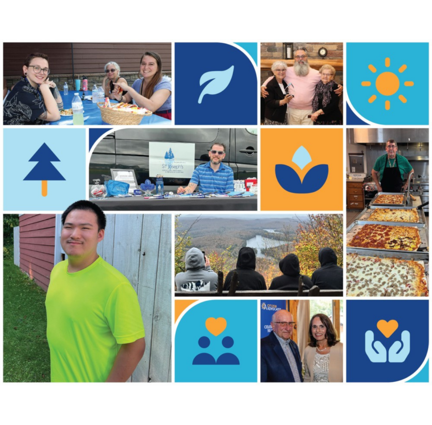 A collage of employees and people supported by Citizen Advocates and affiliates, along with graphic images that include a sun, a tree, a leaf and hands holding a heart.