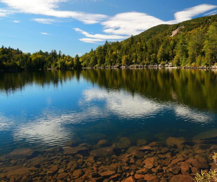 The blue sky reflects off a lake in the mountains.